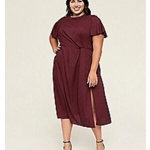 Lane Bryant Jacquard Gathered Waist Midi Dress- Maroon